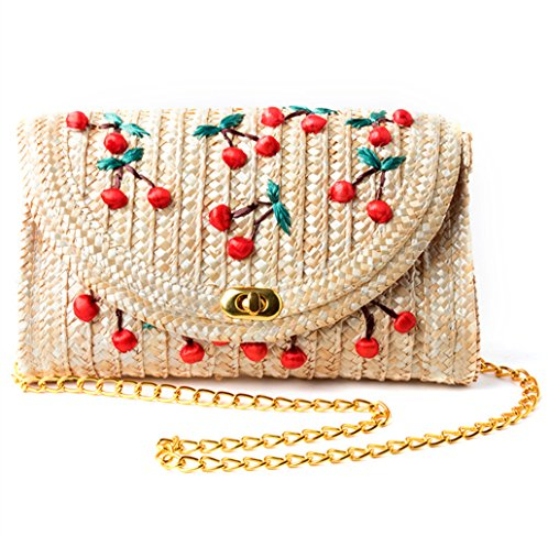 TentHome Damen Stroh Strandtasche Korbtasche Banana Kirsche Stickerei Crossbody Kette Schultertaschen Abdeckung Kuriertaschen Sommer Umhängetasche (Kirsche)