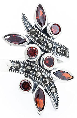 Windalf Mittelalter Elfen Ring IDÚNA 2.7 cm Elfentanz mit Granat Bohemia Touch 925 Sterlingsilber (Silber, 58 (18.5))
