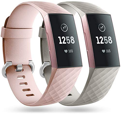Faliogo 2 Pack Replacement Strap Compatible with Fitbit Charge 3 Strap/Fitbit Charge 4 Strap, Soft Sports Watch Strap Wristbands for Women Men, Small, Sand Pink/Grey