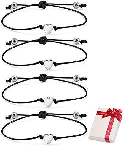 4 Pezzi Cuore Braccialetto Argento Braccialetto di Amicizia per Ragazze Donna, Feelairy Braccialetti a Corda Sottile Regolabile Braccialetto Fatto a Mano Regalo per Coppia Compleanno Natale Festa