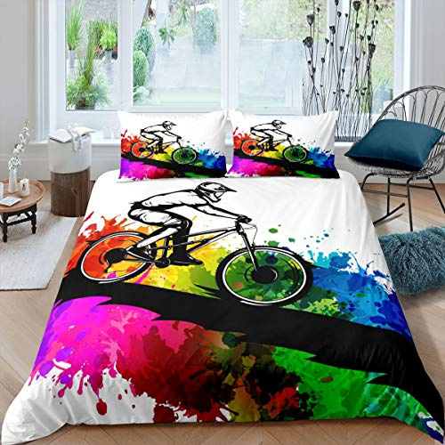 Dreckiges Fahrrad Bettwäsche Set 200x200, Jungen Extreme Sport Tröster Bezug Set, Fahrrad Aquarell Kunst Bettbezug, Kinder Teen Mädchen Schlafzimmer 3 Stück Bettwäsche Set Mit 2 Kissenbezüge, Weiß