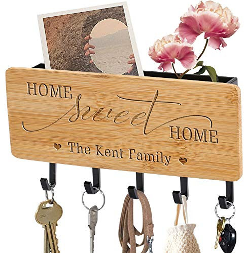 Porte-Clef Mural Gravé Personnalisé pour Clés et Lettres - Petit Organiseur en Bambou pour Mur, Fixation Murale pour Entrée, Couloir, Bureau (Home Sweet Home)