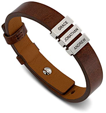 MYKA Personalisierte Schwarzes/Breunes Lederarmband für Herren mit Beads aus Sterling Silber 925 - Geschenk für Männer - Vater - Freund (925er Sterling Silber (Braun))