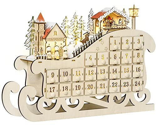 HOMCOM Calendario dell'Avvento in Legno a Forma di Slitta con 24 Cassetti da Riempire, Decorazioni e Luci a LED, 45x10x31cm