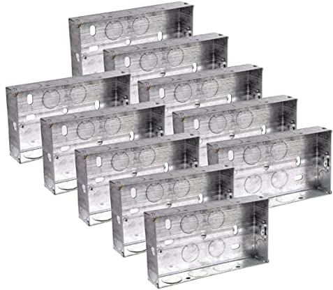 10x Pack 2 Gang Double 25mm Metal Back Box Electrical Socket Switch Recessed Wall Pattress 2G Flush Mount BS EN 60670 5733 UK Standard Brass Earth Screw Galvanised Steel - 10 Pack Multi-Buy