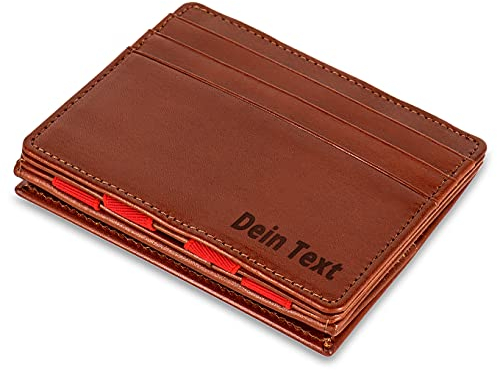 Jaimie Jacobs Flap Boy AirTag-Edition mit Gravur Magic Wallet Echtleder (Dunkelbraun mit Rot)