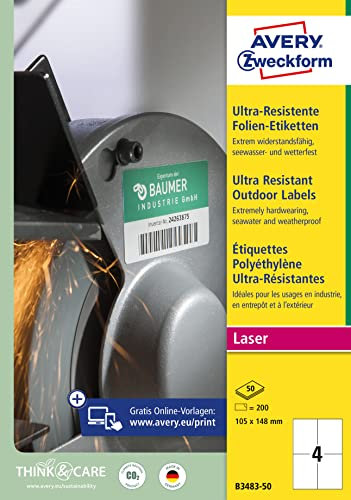 AVERY Zweckform B3483-50 Strapazierfähige Folienetiketten (200 Aufkleber, 105x148mm auf A4, extrem stark selbstklebend, für schwierige Oberflächen, bedruckbare Outdoor Klebefolie) 50 Blatt, weiß