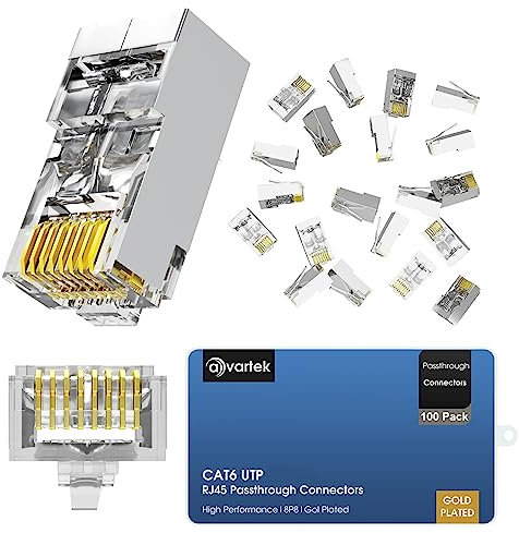 AVARTEK Shielded RJ45 Cat6 CAT6a Pass Through Connectors 100 Pack – Ethernet Gold Plated Connector End Plug For Cat6/Cat5/Cat5e UTP Solid & Stranded Network Cable