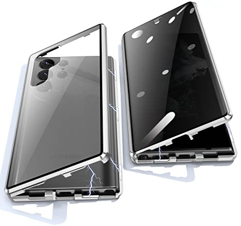 Jonwelsy Anti Peeping Hülle für Samsung Galaxy S22 Ultra, 360 Grad Schutz Case, Privatsphäre Gehärtetes Glas Anti-Spähen Cover, Stark Magnetische Adsorption Metallrahmen Handyhülle (Silber)