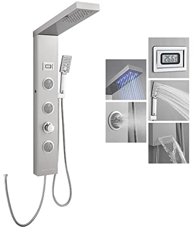 ROVOGO LED Duschpaneel ohne Armatur, 5 Funktionen Duschpaneel mit Regendusche, Massagedüsen, Handbrause, Wanneneinlauf und Temperaturanzeige, Schmal Duschsäule Edelstahl, Gebürstet