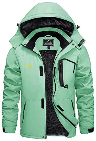 KEFITEVD Veste Ski Imperméable Chaude Hommes Vestes Polaires Sports Hiver Manteau avec Capuche Amovible,Vert Menthe,2XL