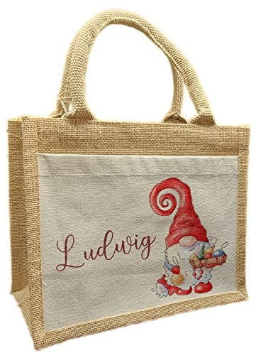 CreaDesign, Nikolaustasche mit Namen personalisiert, Nikolaustüte aus Jute, Wichtel XXL 26 x 22 x 14 cm