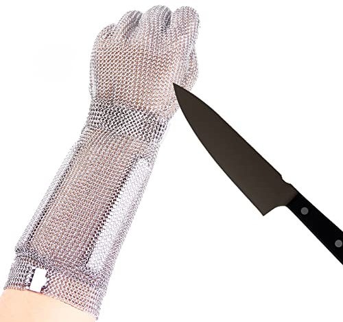 RETON-PPE 15cm Long Chain Post Glove for Butcher, Finger Protective Safety Work Glove, Cut Resistant Glove Food Grade, 316L Stainless Steel Metal Mesh Gloves with Metal