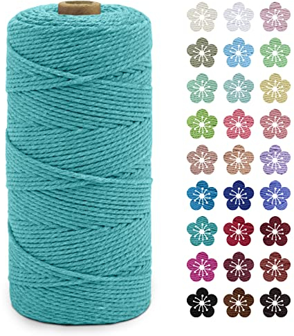 LEREATI Corde Macramé 2mm x 200m, Fil Macramé Coton Corde Naturelle Cordelette Ficelle, Macrame Cordon pour Bricolage Tissage, Rideau, Porte Plante mural, Artisanat, Décoration Bohème (Bleu Paon)
