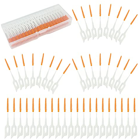 MIVAIUN 300 Stück Adaptive Interdentalbürste,Zahnzwischenraum Bürste,Zahnreiniger Bürstchen,Silikon Interdentalbürsten,Dual-Use Zahnseide Stick,Tragbarer Dental Floss Für Die Mundpflege(Orange)