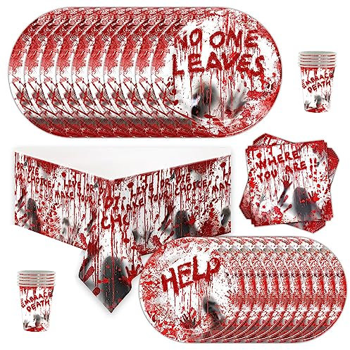 Fayemint 51 Pezzi Halloween Stoviglie, Stoviglie Horror di Halloween, Set di Stoviglie a Tema Halloween, Stoviglie Insanguinate, per Halloween, Temi Horror, altri Temi