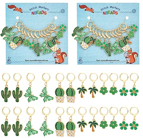 nbeads 24 Stück 6 Stile Maschenmarkierer, Grün Thema Legierung Emaille Charms Abnehmbar Verriegelung Stich Marker Mit Edelstahl-Reifen Für Nähen Zubehör Quilten Schmuck