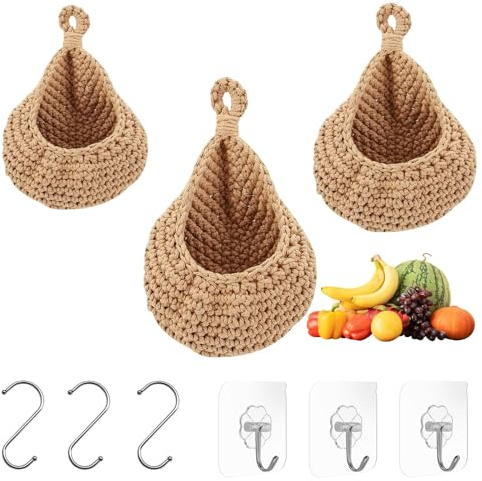 JidRMC 3 Pièces Ensemble Panier Osier, Corbeille a Fruit Suspendue, Panier Osier Rangement Fait Main, Panier Suspendu Rangement pour Stocker des Fruits, des Légumes, des Collations