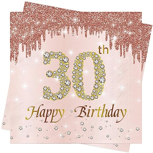 AFYHH 80Stück 30. Servietten Geburtstag Happy Birthday Servietten Papierservietten Geburtstag Tischdeko Party Serviett Napkins 33 X 33cm 30. Servietten Geburtstag Deko Frauen