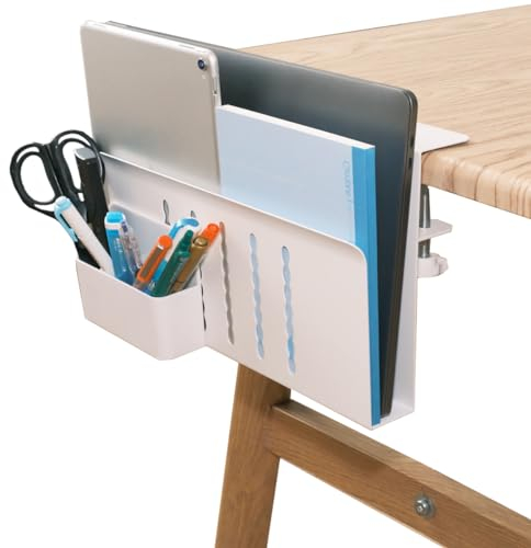 SUMHEN Schreibtisch Seitenlager, Stahl hängende Schreibtisch Veranstalter, keine Bohrung Schreibtisch Laptop Halter für Büro und Haus, 2 IN 1 Metall unter Schreibtisch Veranstalter (Weiß)