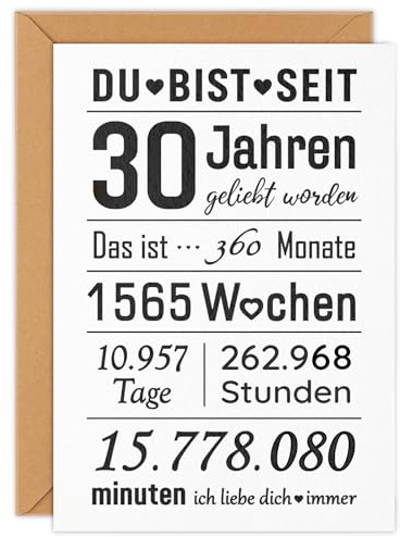 WenmthG Hochwertige Glückwunschkarte zum 30. Geburtstag mit Umschlag, Geburtstagskarte 30 Frau, Mann, Jubiläum 30 jahre Klappkarte mit Kuvert, “ich liebe dich”