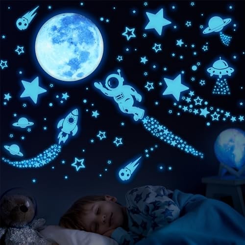ECHOCUBE 1503 Stück leuchtende Sterne Mond Sternenhimmel Aufkleber Kinderzimmer,Leuchtsterne Fluoreszierend Wandaufkleber,Leuchtaufkleber Wanddeko Deckendeko Für Baby Schlafzimmer Deko (Blau)