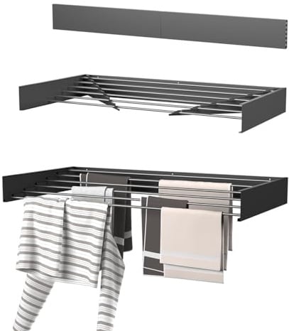 Wasophoogte® Wäscheständer Ausziehbar - Wandmontage, 6m Trockenlänge, Klappbarer Wäschetrockner 100cm, Schwarz, Robust & Platzsparend, Ideal für Innen- und Außenbereich