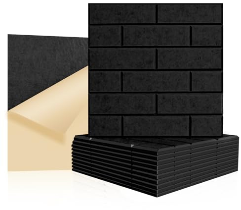 GUUSII HOME Isolation Phonique Panneau Acoustique Mural Plaque 30 * 30 * 1cm Absorbeur De Bruit Polyester Haute Densité Insonorisante Autocollante Dalle Traitement pour Home Studio(Noir,L 12 Pack)