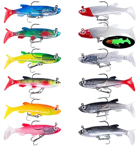 12 Stück Gummifische Angelköder Angel Köder Angelzubehör Bionische Köder Gummiköder-Set Doppelhaken T-Schwanz Weichköder Eingebauter Vorfachblock angelköder