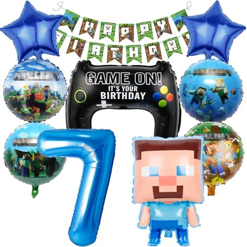 Pixel Luftballon Geburtstagsdeko 7 Jahre, 10 Stück Miner Gamer Kindergeburtstag Jungen 7, 7. Geburtstag Jungen Folienballon Spiel Gamer Luftballon Deko Geburtstag Party Deko Luftballon