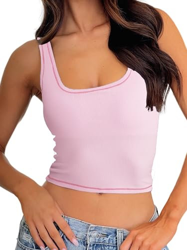 Danysu Canotta da donna a costine imbottita per allenamento top con scollo quadrato crop canotta aderente di base, Rosa Fiore, S