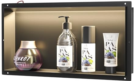 Bernkot Doccia a muro in acciaio inox, nicchia impermeabile con luce a LED, doccia incorporata 60 x 30 x 10 cm, letto singolo doccia e deposito incorporato nella doccia, nero