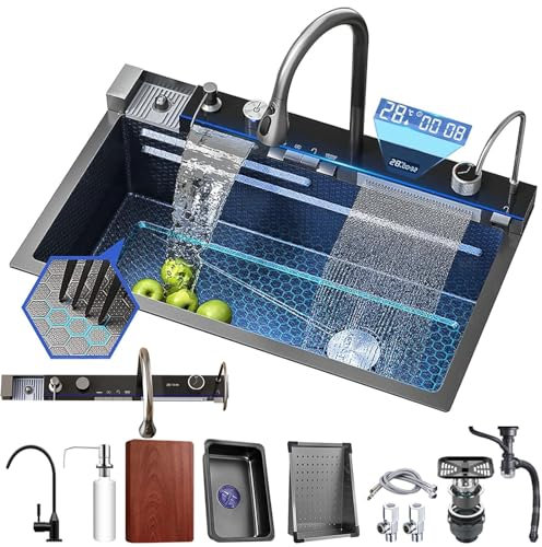 Évier de cuisine Évier à cascade numérique Whale Évier de Cuisine Cascade Raindance avec lave-tasses Évier Cuisine en Acier Inoxydable 304 1 Bac avec kit de plomberie complet (BLACK, 75 * 46 * 22CM)