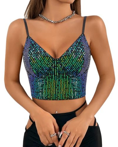 Segreto Damen Glitzer Pailletten Tanktop Ärmellos Spaghettiträger Sexy Crop Top Trägertop Festival Party Club Schwarz Grün Camisole