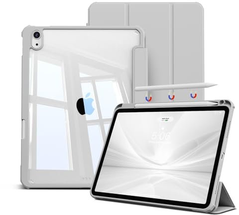 GKABXY Funda para iPad Air 11 pulgadas M2 (2024), iPad Air 5/4 (2022/2020 de 10.9 pulgadas) con soporte para lápices, carcasa trasera transparente con soporte de tres pliegues, cubierta a prueba de