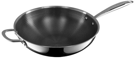 Funky Pro Cookware 30cm Tri-ply Pro Etched Large Wok, Tri-Ply Technology, Compatible All Hobs inc Induction, Non Stick, Stay Cool Double Handles, Dishwasher Safe, Oven Safe