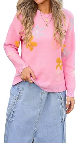 HEYPORK Damen Herbst Winter Warm Bequem Pullover Casual Mode Strickjacke Strickpullover Frauen Bedruckte Blume Pullover Shirt(Rosa, XL)