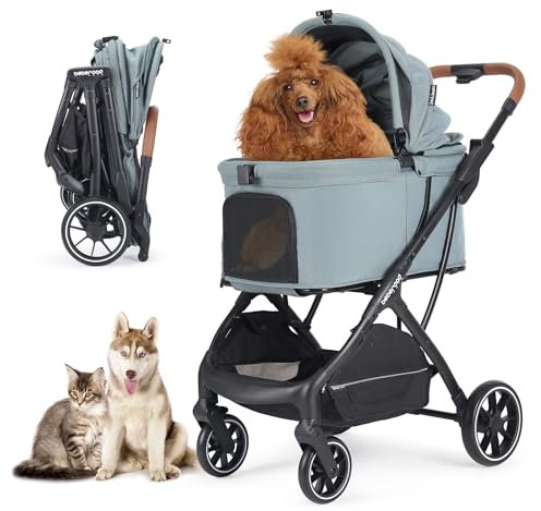 T5 Luxury Pet Stroller for Medium Dog Under 60lbs or 2 Small Dogs & Cats with 180 ̊Canopy, Sun Shades, Foldable Dog Stroller for Multiple Pets, （Green）