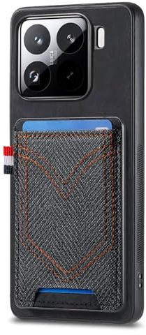COQUE pour Xiaomi 15 de téléphone avec Porte-Cartes en Denim de Style rétro, Prend en Charge Le Support magnétique de Voiture, de Protection Antichoc pour Xiaomi 15-Noir