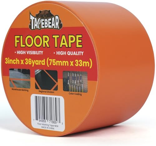 TAPEBEAR Ruban de Sol Orange - 75mm x 33m, Ruban Vinyle Résistant pour Marquage au Sol, Sécurité (Entrepôt, Gym, Chantiers)