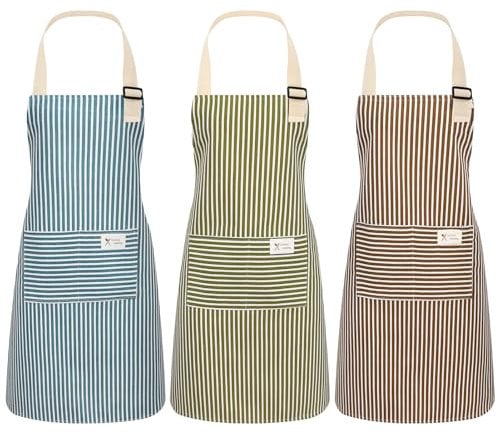 ViEinkaufen 3 Pack Aprons for Women,Aprons For Cooking with Pockets,Cotton Linen Adjustable Neck Bib Apron for Stripe Baking Gardening Tailoring