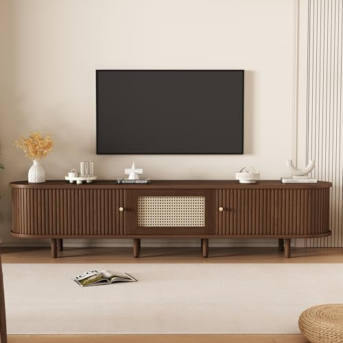 YuQozii Ovaler TV-Ständer in Nussbaum dunkel, Rattan-Design - 180 cm MDF-Design, verstellbare Füße, 30 kg Belastbarkeit