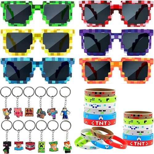 HYZMSZA Videospiel Party Mitgebsel, 30 Pcs Kindergeburtstag Gastgeschenke mit Spiel Pixel Brille Armband Schlüsselanhänger, Gamer Theme Party Zubehör, Pixel Party Mitgebsel Kinder