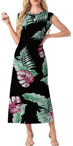 GRECERELLE Robe longue d'été décontractée pour femme, style élégant, robe longue basique sans manches pour femme, avec fentes et poches, XL
