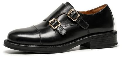 BEAU TODAY Monk Strap Loafers, Womens Leather Loafers, Cap Toe Slip-Ons Waxed Calfskin Loafer Flats for Business Casual Dress Women Shoes, Black Cap Toe, 7 UK