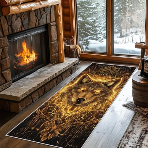 Generisch Teppich Läufer 90 x 150 cm Wolf, Wildtiere Cool Gold Muster Teppichläufer Flur, Wolf Teppich Kurzflor rutschfest für Küche, Eingang, Schlafzimmer, Wohnzimmer a655