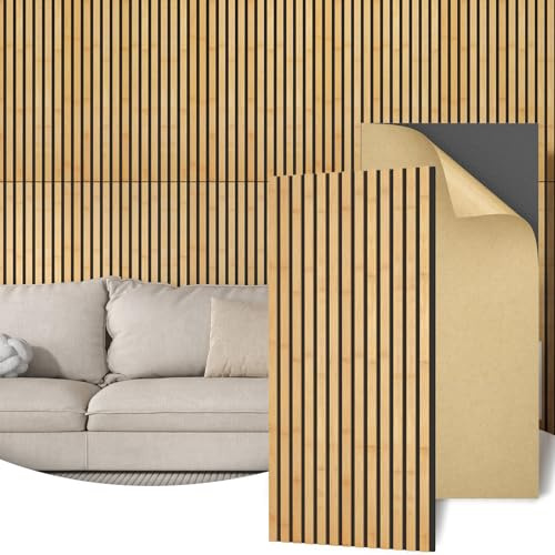 TONOR Bambus Akustikpaneele selbstklebend, 4 Stück 110 x 52 x 1,7 cm Wandverkleidung 3D Wandpaneele als Schallschutzplatten, Moderne Lamellenwand für Wohnzimmer, Küche, wandpolster und schallschutz