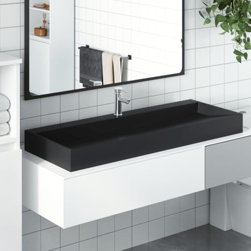 Lavabo da Appoggio 120 cm, Piano Vasca in Ghisa Minerale/Marmo Nero Opaco, Design Moderno con Fori Rubinetto e Scarico, Per Bagno o Toilette, 120 x 46 x 11 cm