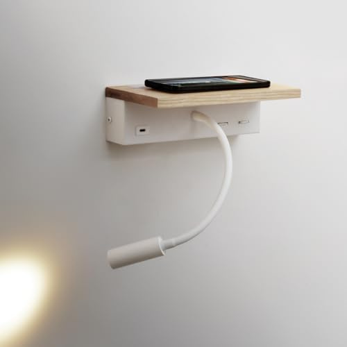 Wandlampe Schlafzimmer Bett Holz,Weiss Nachttischlampe Wand mit Ladefunktion Type C,3w Led Leselampe,Modern 13w Wandleuchte mit Schalter Innen Gästezimmer,Hotel,Flexible Schwanenhals Lampe 3000k,1pcs