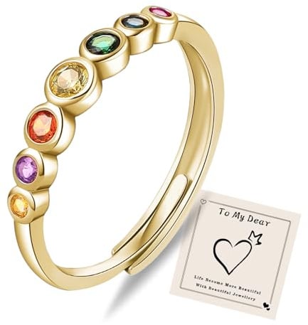 HEEYA Ringe Gold Silber 925 Rainbow Ringe für Damen mit bunten Steinen Stapeln Daumenring 18K Vergoldet Offen Verstellbarer Eternity Ring für Frauen Eheringe Regenbogenring Schmuck Geschenk
